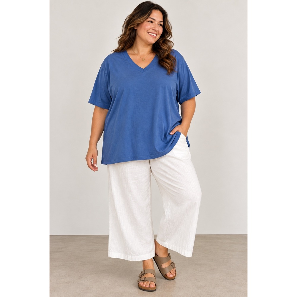 MiB Plus Size Women Blue 100% Cotton V-Neck Short Sleeve Top 7XX 19150